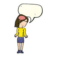 cartoon clever woman shrugging shoulders with speech bubble N3