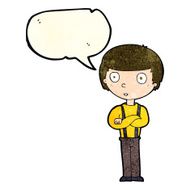 cartoon staring boy with folded arms speech bubble N4