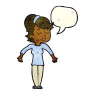 cartoon friendly woman shrugging shoulders with speech bubble N3