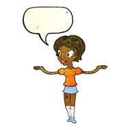 cartoon woman with arms spread wide speech bubble N3