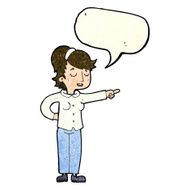 cartoon friendly woman pointing with speech bubble N3