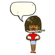 cartoon woman with knife between teeth speech bubble N12