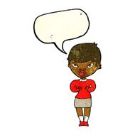 cartoon woman gesturing at self with speech bubble N9