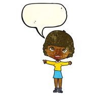 cartoon happy woman pointing with speech bubble N17