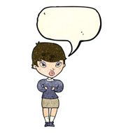 cartoon woman gesturing at self with speech bubble N10