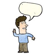 cartoon man making peace sign with speech bubble N3