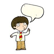 cartoon school boy with question speech bubble N3