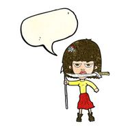 cartoon woman with knife and harpoon speech bubble N3