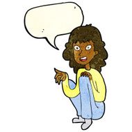 cartoon happy woman sitting and pointing with speech bubble N3