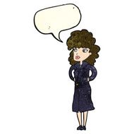 cartoon woman in trench coat with speech bubble N8