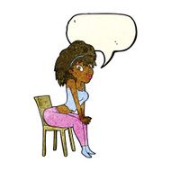 cartoon woman posing on chair with speech bubble N6