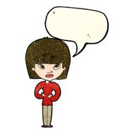 cartoon woman gesturing at herself with speech bubble N4