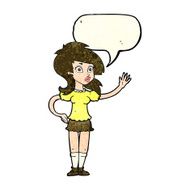 cartoon pretty woman waving for attention with speech bubble N4