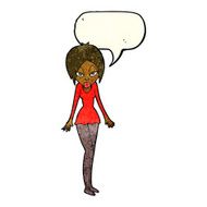 cartoon woman in short dress with speech bubble N3