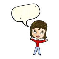cartoon happy woman waving arms with speech bubble N4