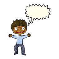 cartoon grinning boy with speech bubble N3