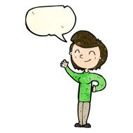 cartoon friendly waving woman with speech bubble N4