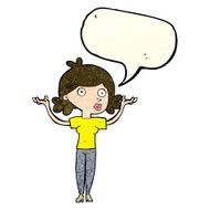 cartoon woman throwing arms in air with speech bubble N4