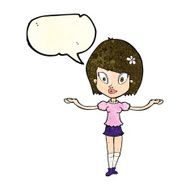 cartoon woman making balancing gesture with speech bubble N4