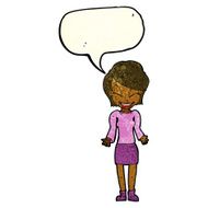 cartoon happy woman shrugging shoulders with speech bubble N5