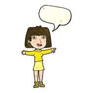 cartoon happy woman pointing with speech bubble N20