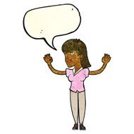 cartoon woman throwing hands in air with speech bubble N3