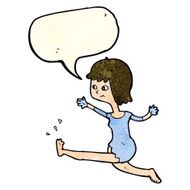 cartoon happy woman kicking with speech bubble N3