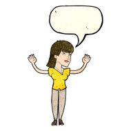 cartoon woman throwing hands in air with speech bubble N4