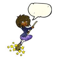 cartoon witch riding broomstick with speech bubble N6