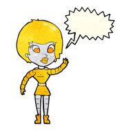 cartoon robot woman waving with speech bubble N8