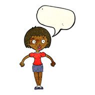 cartoon confused woman shrugging shoulders with speech bubble N3