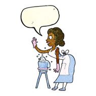 cartoon housewife washing up with speech bubble N4