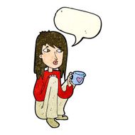 cartoon woman sitting with cup of coffee speech bubble N4