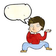 cartoon boy doing crazy dance with speech bubble N2