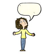 cartoon curious woman looking upwards with speech bubble N4