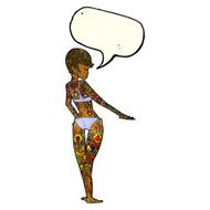 cartoon bikini girl covered in tattoos with speech bubble N3