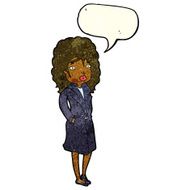 cartoon woman in trench coat with speech bubble N10