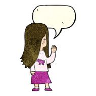 cartoon girl with pony shirt waving speech bubble N3