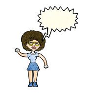 cartoon waving woman wearing spectacles with speech bubble N4