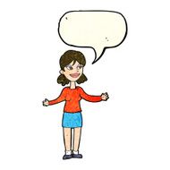 cartoon happy woman shrugging shoulders with speech bubble N7