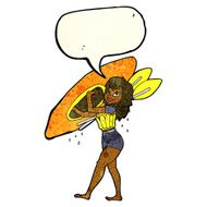 cartoon woman carrying canoe with speech bubble N3