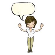 cartoon pretty woman with hands in air speech bubble N4