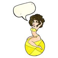 cartoon pin up girl sitting on ball with speech bubble N4