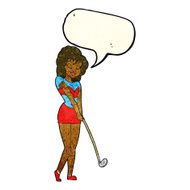 cartoon woman playing golf with speech bubble N6