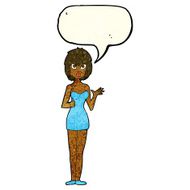 cartoon confused woman in cocktail dress with speech bubble N3
