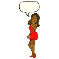 cartoon pretty woman in cocktail dress with speech bubble N3