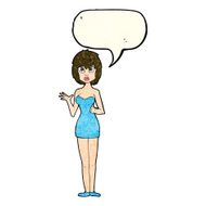 cartoon confused woman in cocktail dress with speech bubble N4