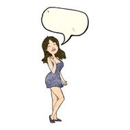 cartoon pretty woman in cocktail dress with speech bubble N4