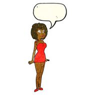 cartoon surprised woman in short dress with speech bubble N3