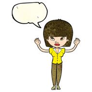cartoon woman with raised hands speech bubble N4